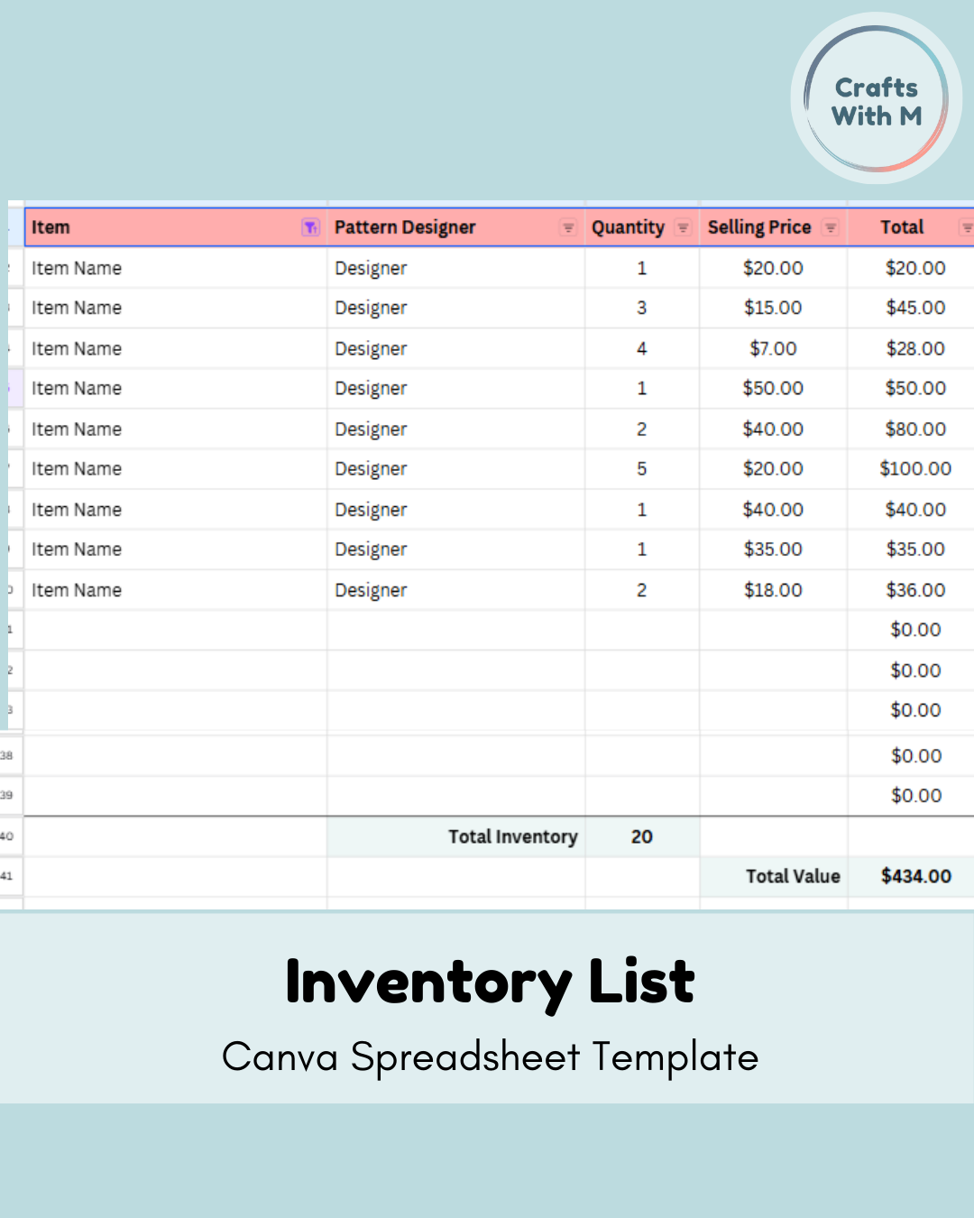 Crochet Inventory List – Canva Spreadsheet Template