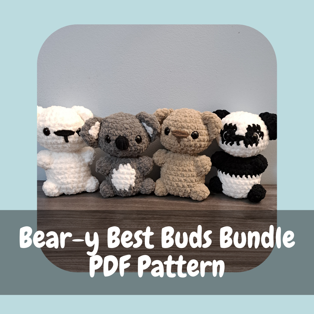 crochet bear, teddy bear, polar bear, koala bear, and panda bear all together as part of the adventure buddies series of crochet patterns